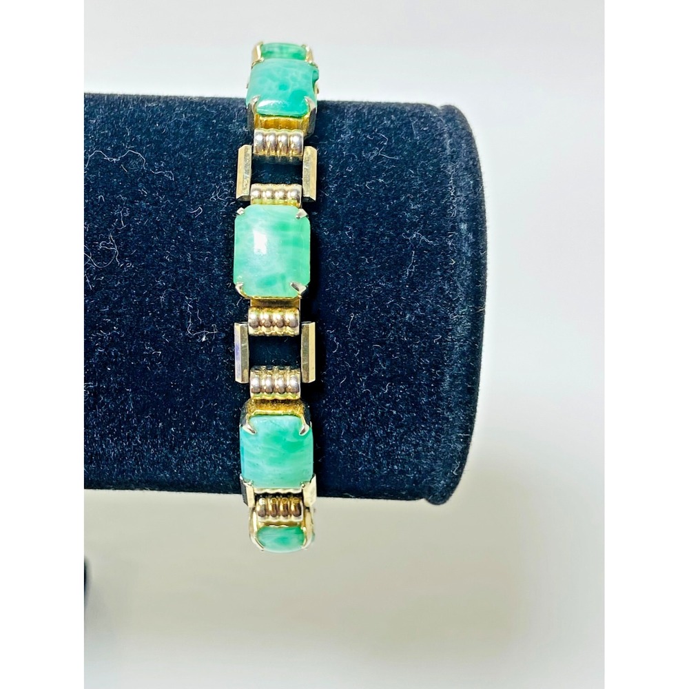 Vintage Art Deco 7" Bracelet Faux Jade Green Gold Tone Link Costume‎ Gift